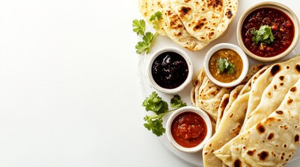 Culinary Harmony: An overhead perspective showcases a delectable array of traditional Indian cuisine, featuring golden naan bread and vibrant dipping sauces.