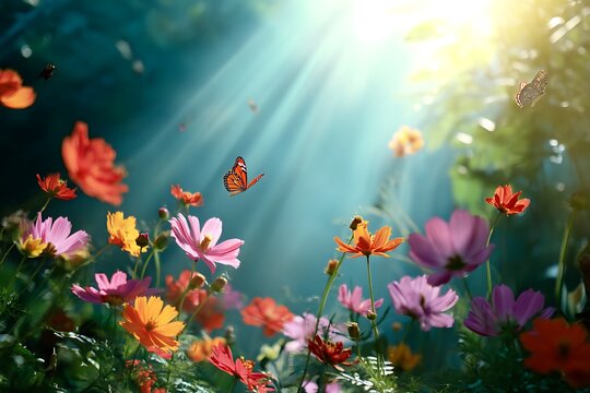 Beautiful cosmos flowers and butterflies in garden with sunlight stock photo and images download now free 