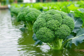 Close up of broccoli growing in water, other broccoli plants growing in a row.