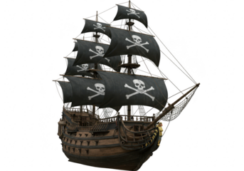 A majestic pirate ship with black sails adorned with skull and crossbones, sailing on a transparent background