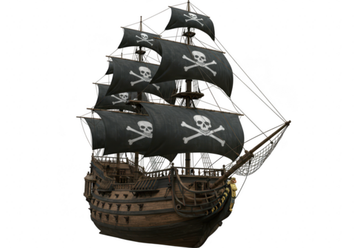 A majestic pirate ship with black sails adorned with skull and crossbones, sailing on a transparent background