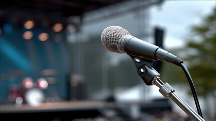 Microphone stand stage concert music performance audio equipment outdoor event anticipation focus