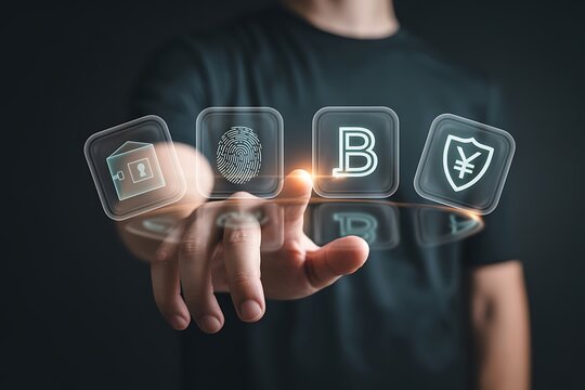Person touching digital security and finance icons hand