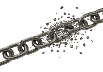 A heavy metal chain breaking apart, with links shattering and fragments scattering, symbolizing failure and disconnection, isolated on a transparent background