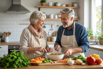 Happy Senior Couple Cooking Together Preparing Healthy Meals in a Bright, Modern Kitchen for a Joyful Lifestyle