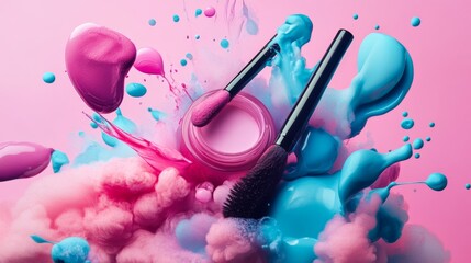 Exploding makeup brush with pink blue powder cloud in motion against pastel beauty background concept