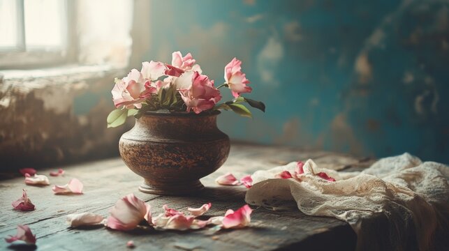 Vintage still life with flowers petals and ceramic bowl in dramatic low light classical painterly style - Powered by Adobe