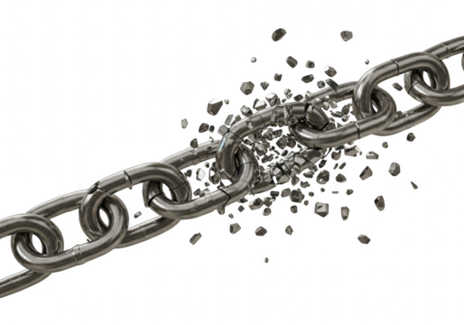 A heavy metal chain breaking apart, with links shattering and fragments scattering, symbolizing failure and disconnection, isolated on a transparent background