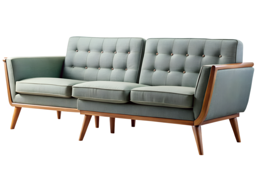 A stylish midcentury modern grey fabric sofa with wooden accents, isolated on a transparent background