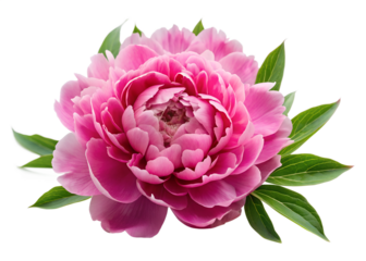 A beautiful vibrant pink peony flower with lush green leaves, isolated on a transparent background