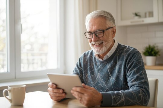 Senior Man Enjoying Tablet at Home Lifestyle, Technology, and Relaxation Portrait - Powered by Adobe