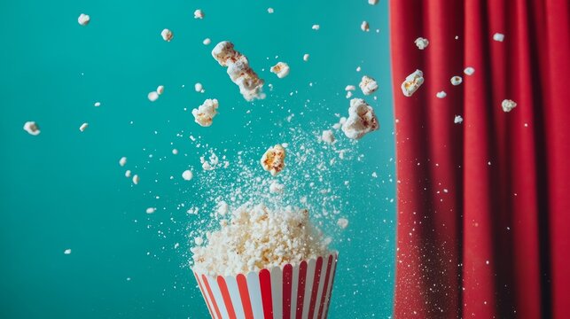 Popcorn explosion in air against vibrant blue and red background cinematic motion freeze
