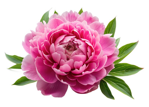 A beautiful vibrant pink peony flower with lush green leaves, isolated on a transparent background - Powered by Adobe