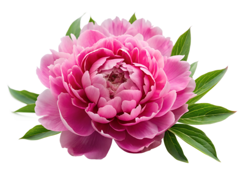 A beautiful vibrant pink peony flower with lush green leaves, isolated on a transparent background - Powered by Adobe