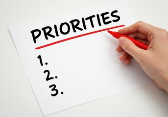 Obraz premium Hand writing a numbered list of priorities with a red marker on white paper