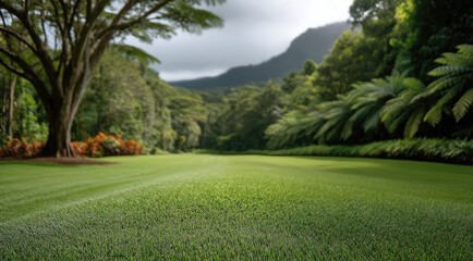 Obraz premium Open grass area with tropical trees, lush green lawn, mountain background, peaceful nature, outdoor landscape, vibrant foliage