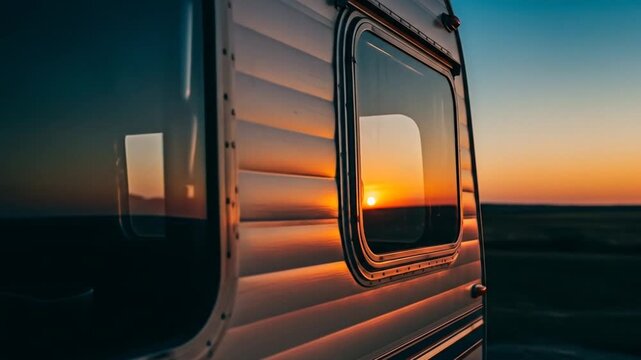 Camper Van Window Reflects Golden Sunset