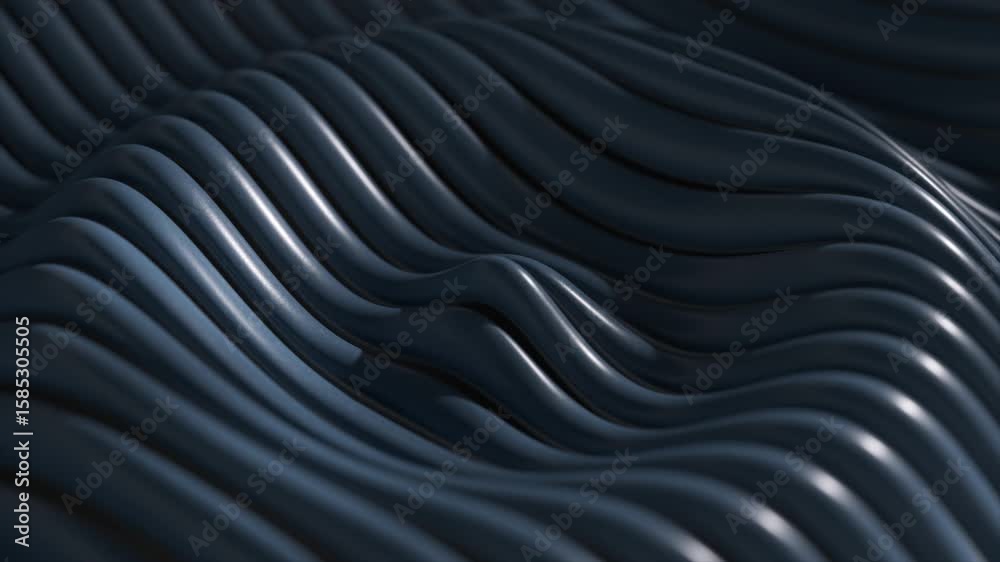 Poster dark blue wavy lines dynamically morphing into abstract geometric shapes, creating fluid motion with
