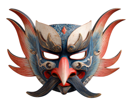 Mythical bird face mask with fiery plumage, blue and red colors, ornate design, dramatic expression, traditional Chinese style, fantasy art, cultural festival