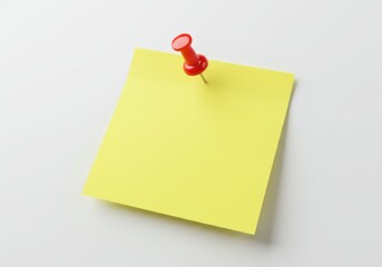 A bright yellow sticky note is secured to a white surface with a red pushpin