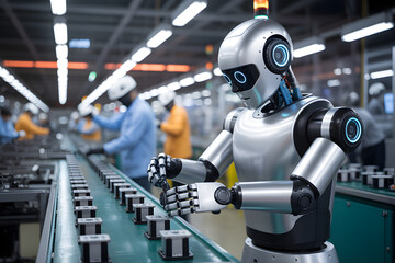 Robot working on assembly line in high tech factory with engineers