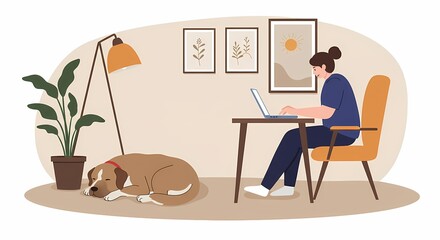 Fototapeta premium Woman Working on Laptop with Dog in Home Office.