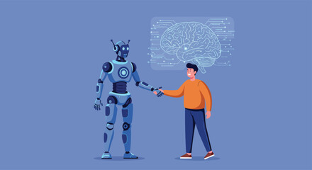 Futuristic Human and AI Robot Handshake Vector Illustration with Holographic Brain Interface, Modern Flat Style