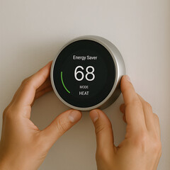 Person adjusting smart thermostat for energy saving and temperature control indoors