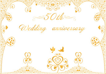 Fototapeta premium Beautiful greeting card to congratulate on the fiftieth wedding anniversary. Text. Decorative golden champagne flutes. Digital illustration