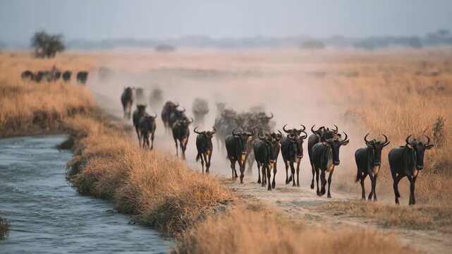A large herd of wildebeest migrates across dusty savanna grasslands beside a winding river.