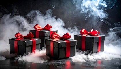 Black gift boxes with red ribbons in smoky environment