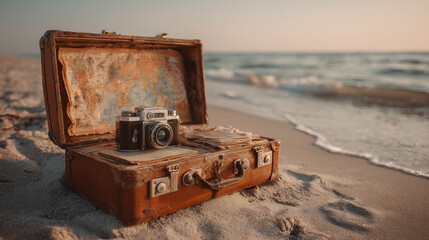 Vintage camera and old suitcase on sandy beach near ocean. Retro travel concept with antique luggage for holiday vacation.