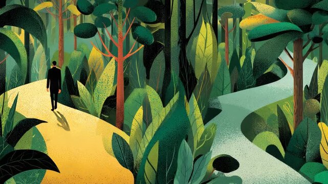 A person stands at a fork in a lush, green forest, deciding which winding path to follow.