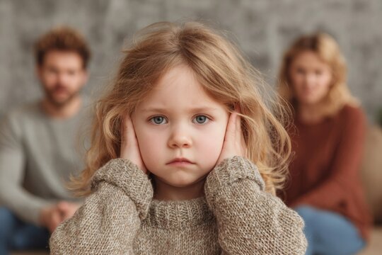 Sad child covering ears while parents arguing behind her - Powered by Adobe