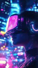 Woman with vr headset in a futuristic city