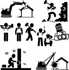 Demolition work stick figures: excavators, wrecking balls, sledgehammers, and building destruction.