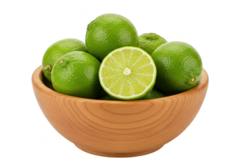 A wooden bowl filled with vibrant green limes, including a perfectly sliced half isolated on transparent background