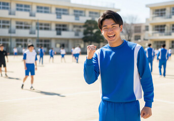 Smiling High School Boy Posing Victoriously on the School Ground