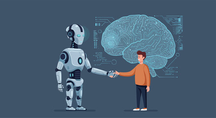 Futuristic Human and AI Robot Handshake Vector Illustration with Holographic Brain Interface, Modern Flat Style