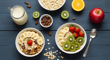 Colorful Healthy Breakfast Spread with Oatmeal Fruits and Milk on a Blue Wooden Table