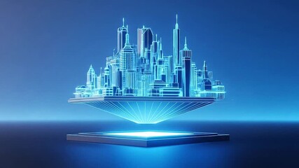 Digital wireframe cityscape hovering above base platform with blue ambient light - Powered by Adobe