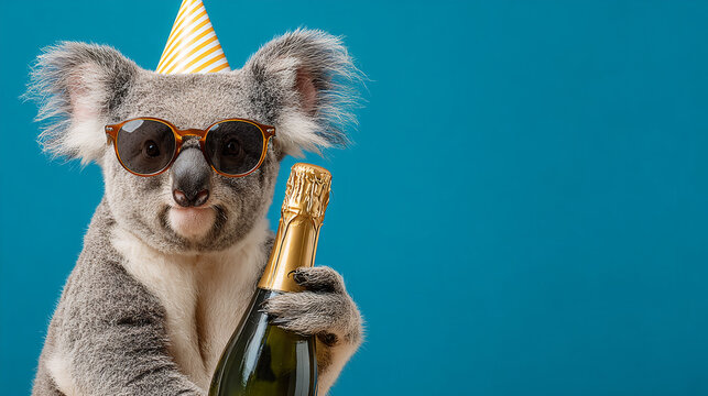Koala in a party hat and sunglasses holding a bottle of champagne. Celebration animal with funny festive attire and drink. - Powered by Adobe