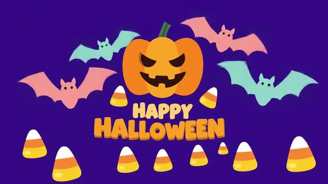 Cute Halloween graphic with pumpkin, bats, and candy corn
