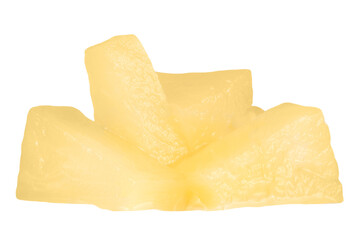 Pile of juicy canned pineapple pieces cut out on transparent background.