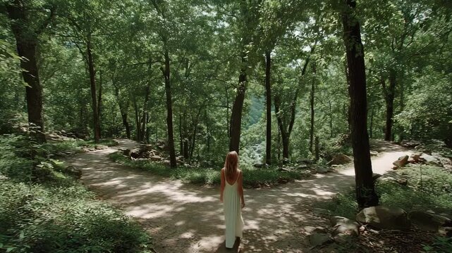 A woman in a white dress stands at a fork in a forest trail, surrounded by lush green trees and sunlight.