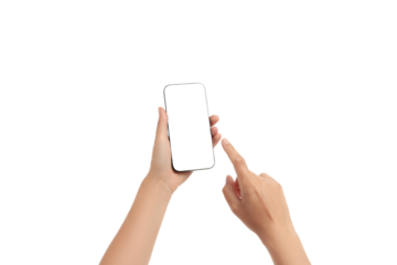 A hand is pointing at a blank smartphone screen, isolated on white, PNG