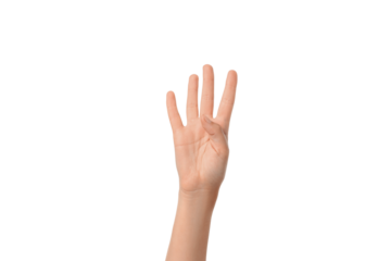 Hand clearly shows the number four, isolated on white, PNG