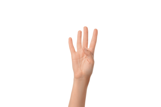 Hand clearly shows the number four, isolated on white, PNG