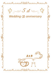 5 year wedding anniversary frame for text. Original beautiful illustration. Golden pattern. Champagne glasses. Wooden wedding. Vector