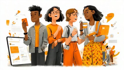 A group of diverse young people socialize with digital devices and drinks, surrounded by modern tech and communication icons. - Powered by Adobe